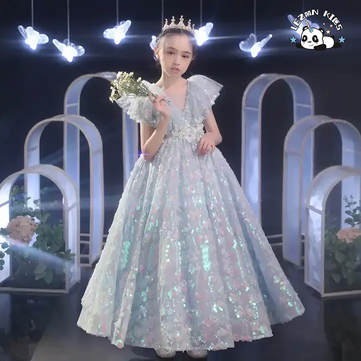 LEZONKIDS - 2022 New Little Girl Show Poncho Evening Dress for Children Spring Summer Evening Dress for Children Blue